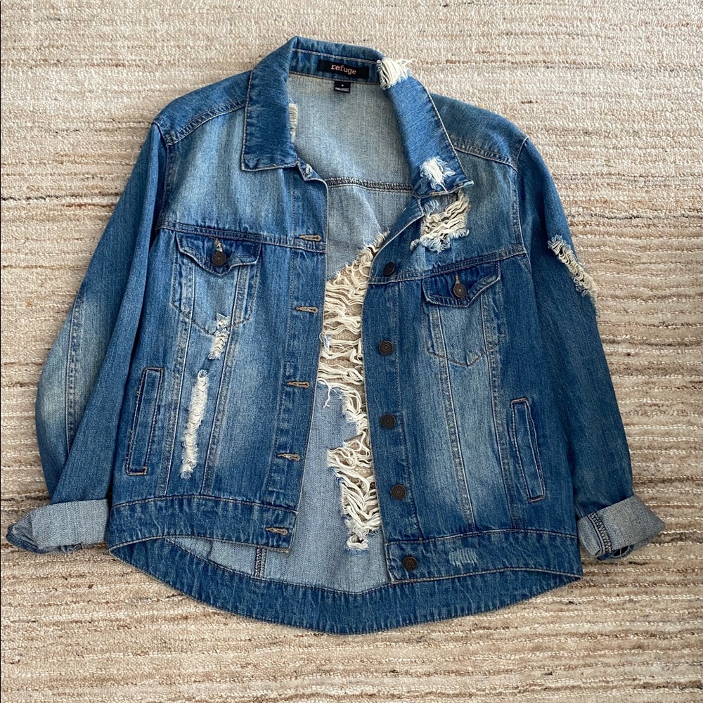 Refuge Distressed Ripped Denim Jean Jacket